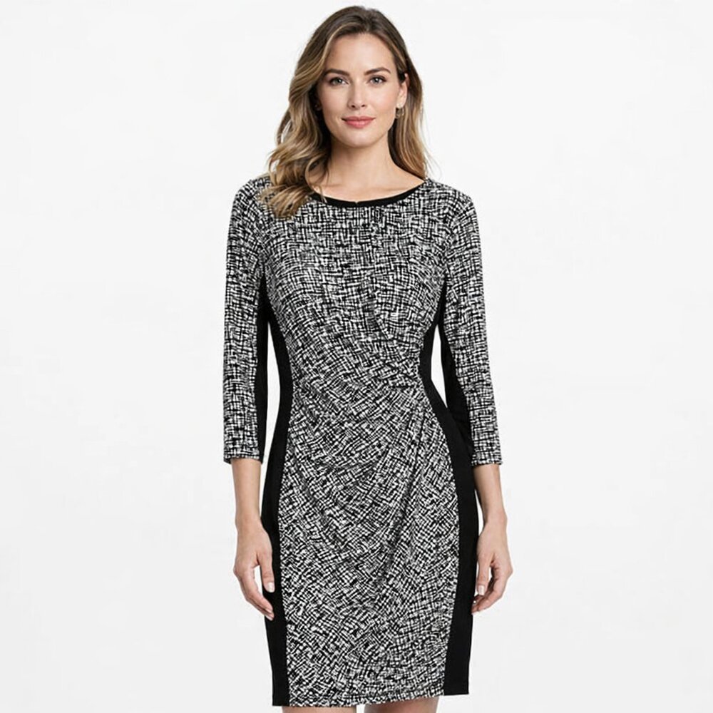 Lauren Ralph Lauren Black White Printed 3/4 Sleeve Ruched dress Size 4